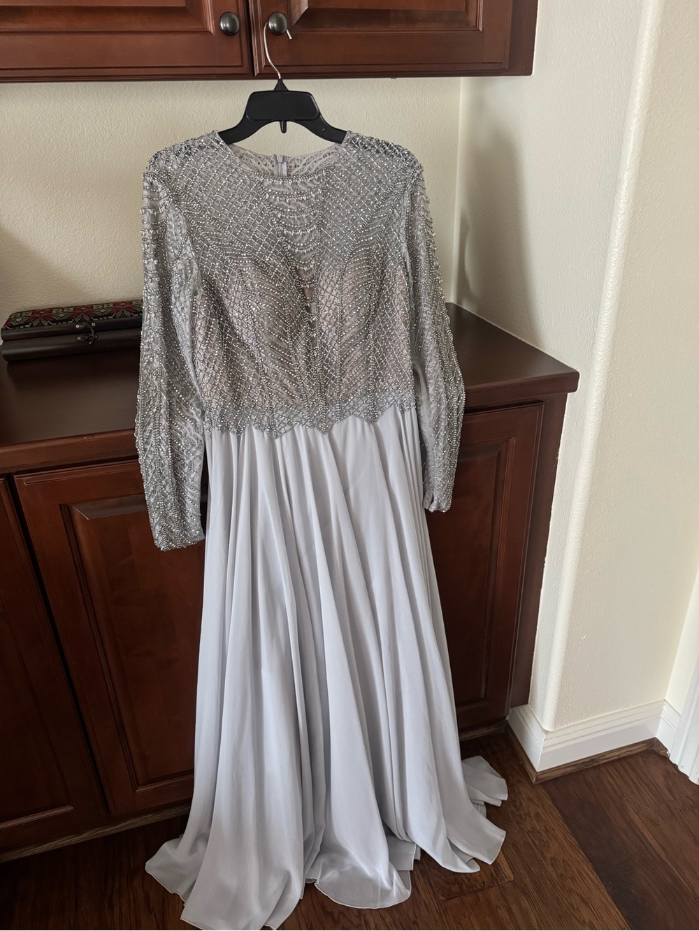 Terani Couture Silver Beaded Long Sleeve Gown